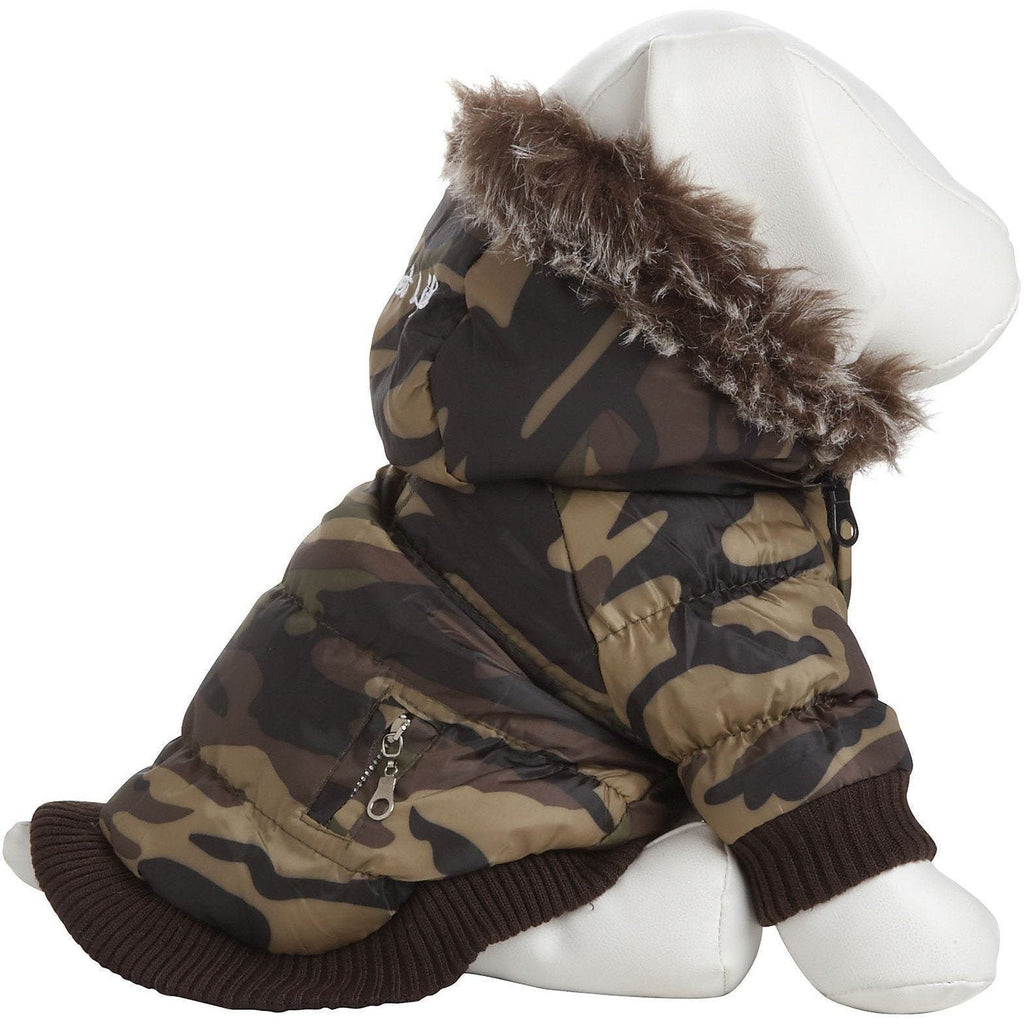 Camouflage dog parka with faux-fur trimmed removable hood, zip front, knit cuffs