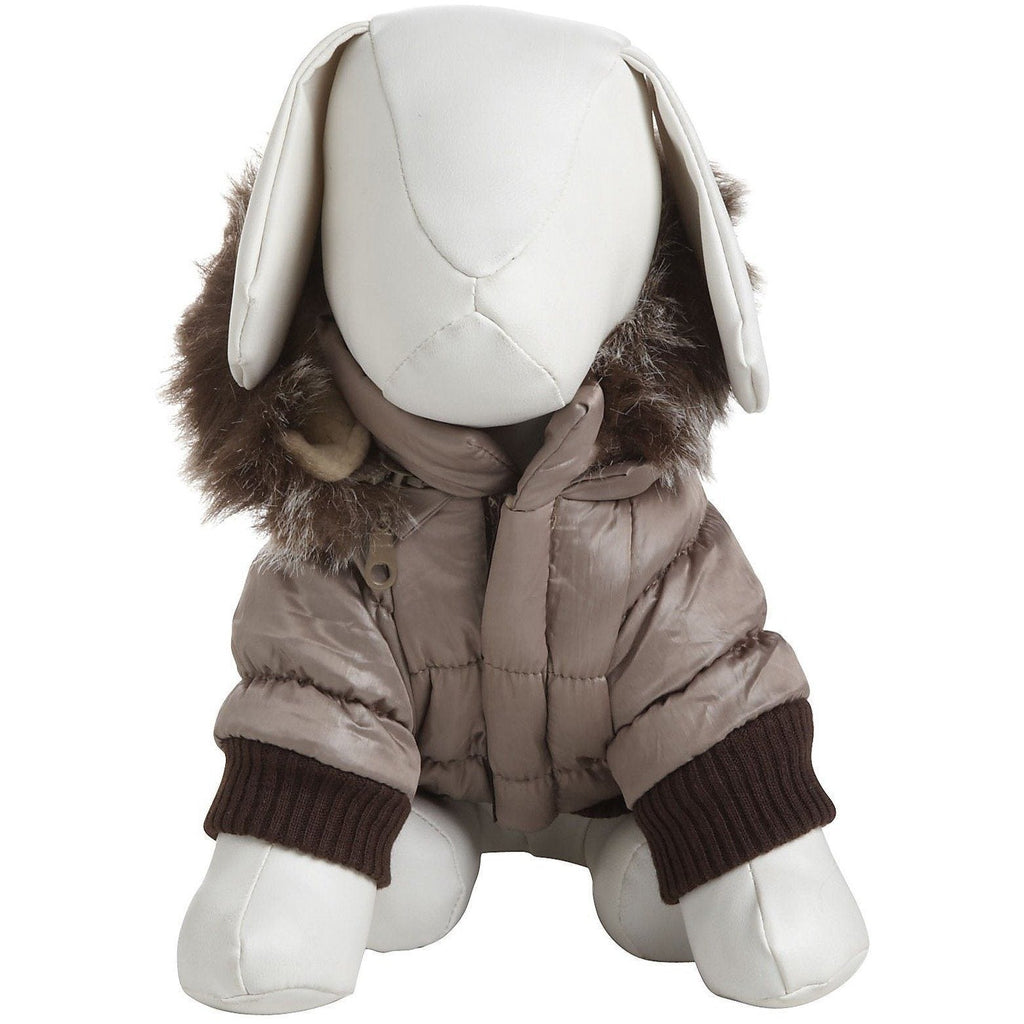 Taupe insulated dog parka with removable hood and faux-fur trim, back view