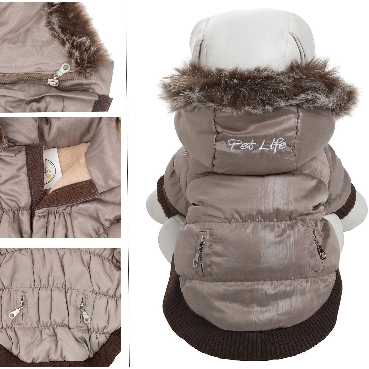 Taupe insulated dog parka with removable fur hood, ribbed cuffs, and two front zippers