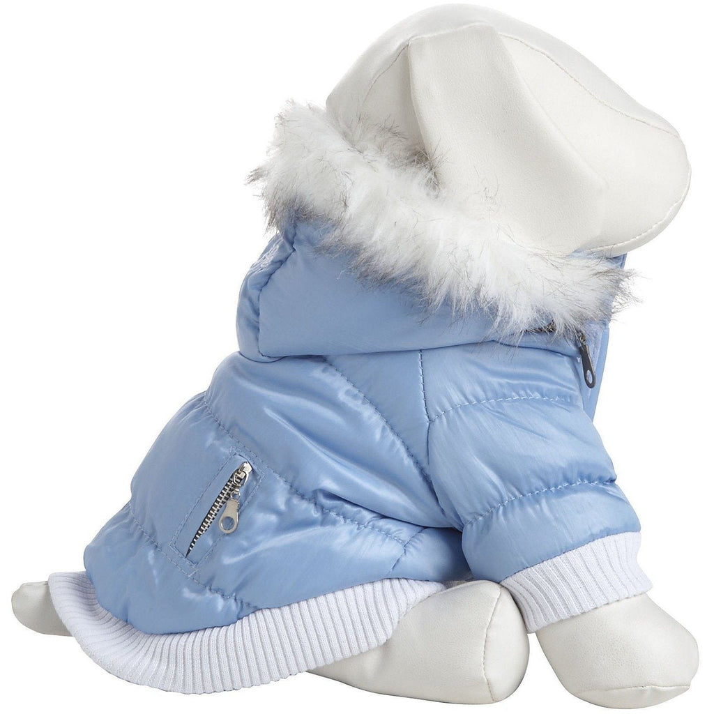 Light blue dog parka with removable hood and white faux-fur trim, full back view