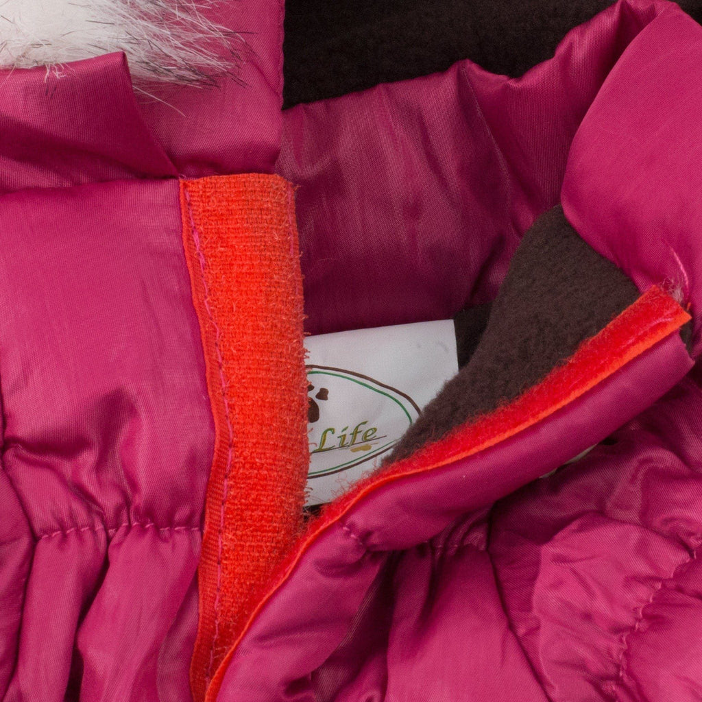 Magenta insulated dog coat detail with orange interior trim and stitched lining at seam