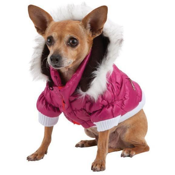 Metallic pink insulated dog parka with removable hood and faux-fur trim, zip front