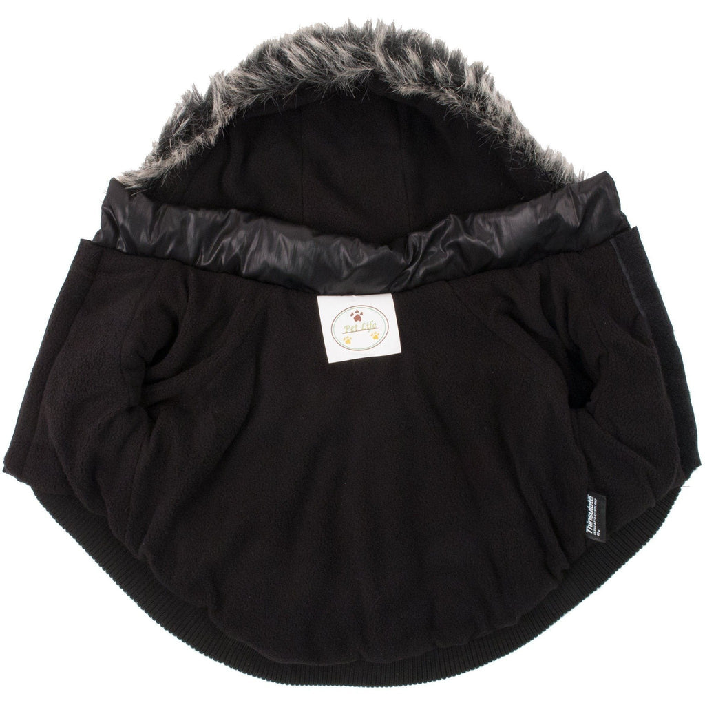 Jet black dog parka back view with faux-fur hood trim and ribbed hem
