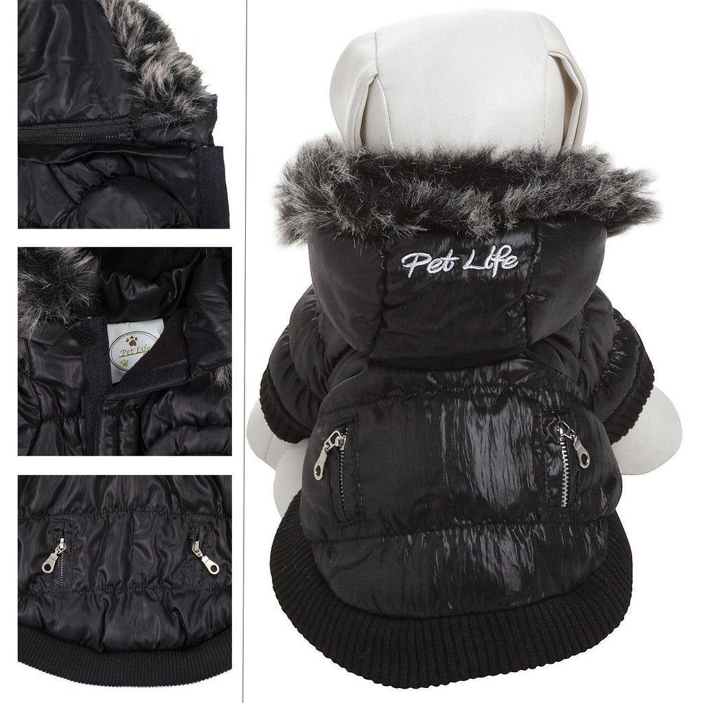 Insulated black dog parka with removable hood, faux-fur trim, and front zipper pockets
