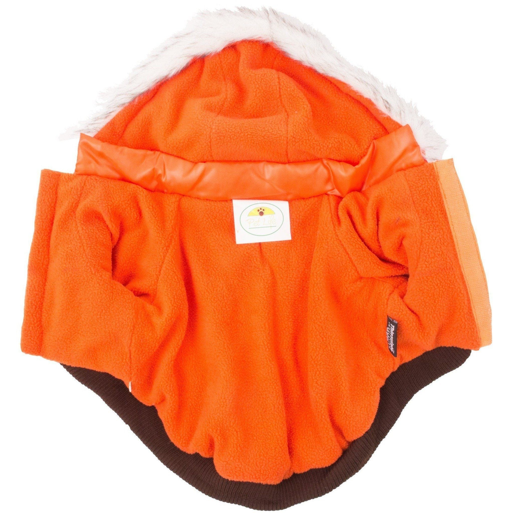 Insulated dog coat with removable fur-trimmed hood, bright orange top and dark ribbed hem