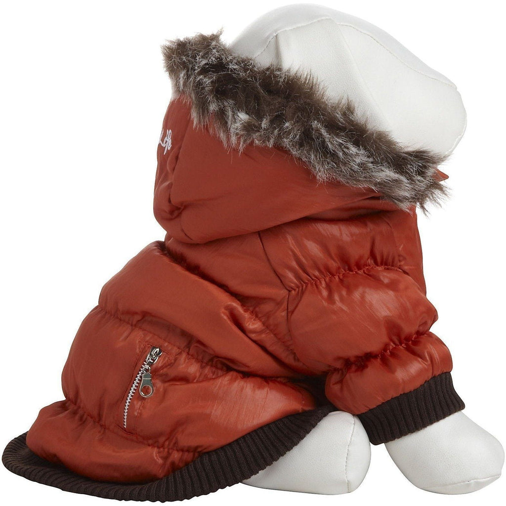 Metallic orange dog parka with faux-fur trimmed removable hood, zip front, ribbed cuffs