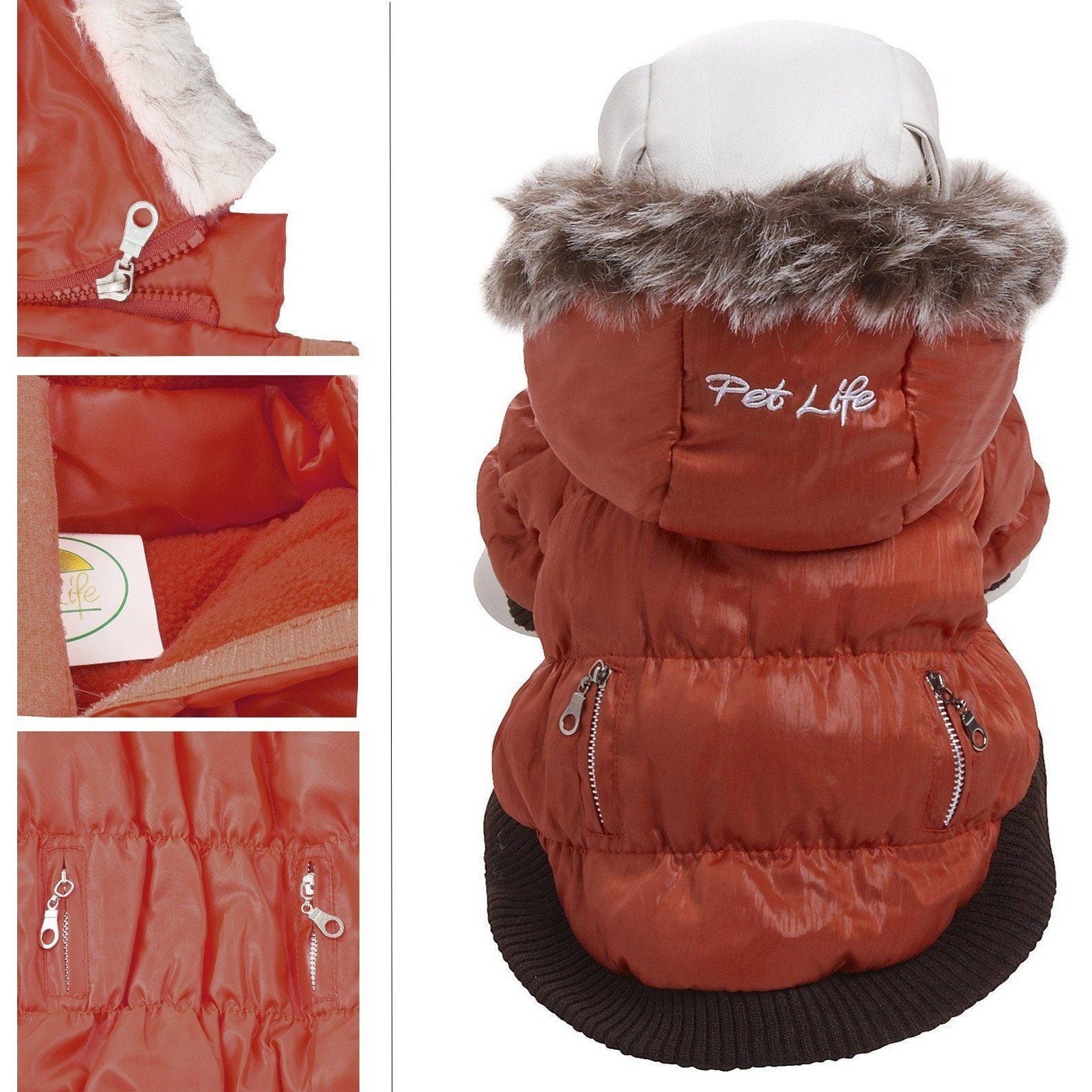 Insulated rust-orange dog parka with removable fur hood, quilted body, and zipper pockets