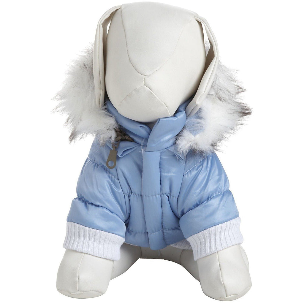 Sky blue insulated dog coat with removable hood and faux-fur trim, back view