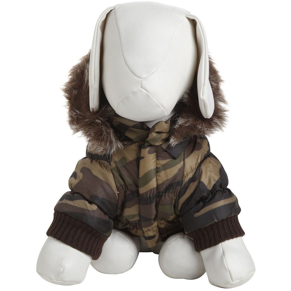 Camouflage insulated dog coat parka with faux-fur hood trim, back view