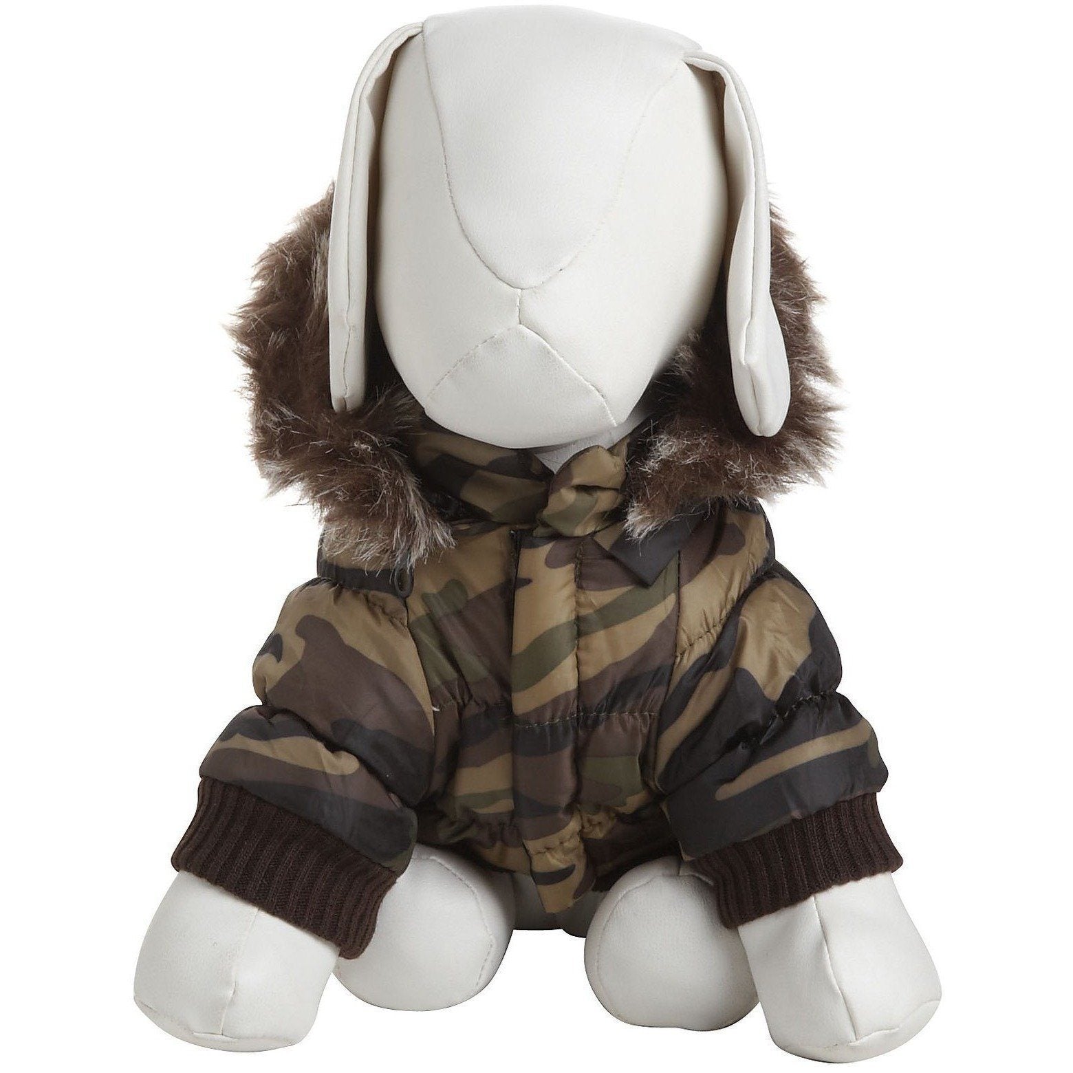 Camouflage insulated dog coat parka with faux-fur hood trim, back view