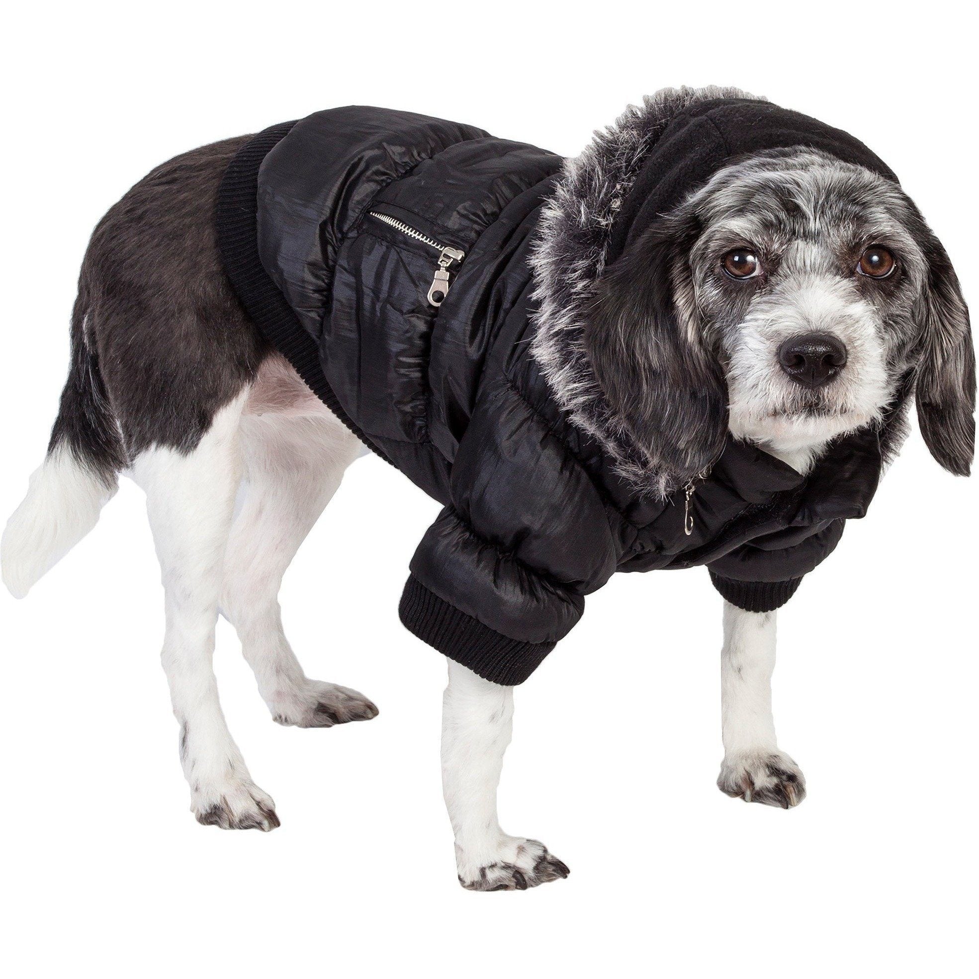 Jet black insulated dog parka with removable hood and faux-fur trim, zip front