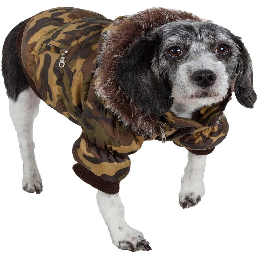 Camouflage insulated dog parka with removable hood and faux-fur trim, zip front