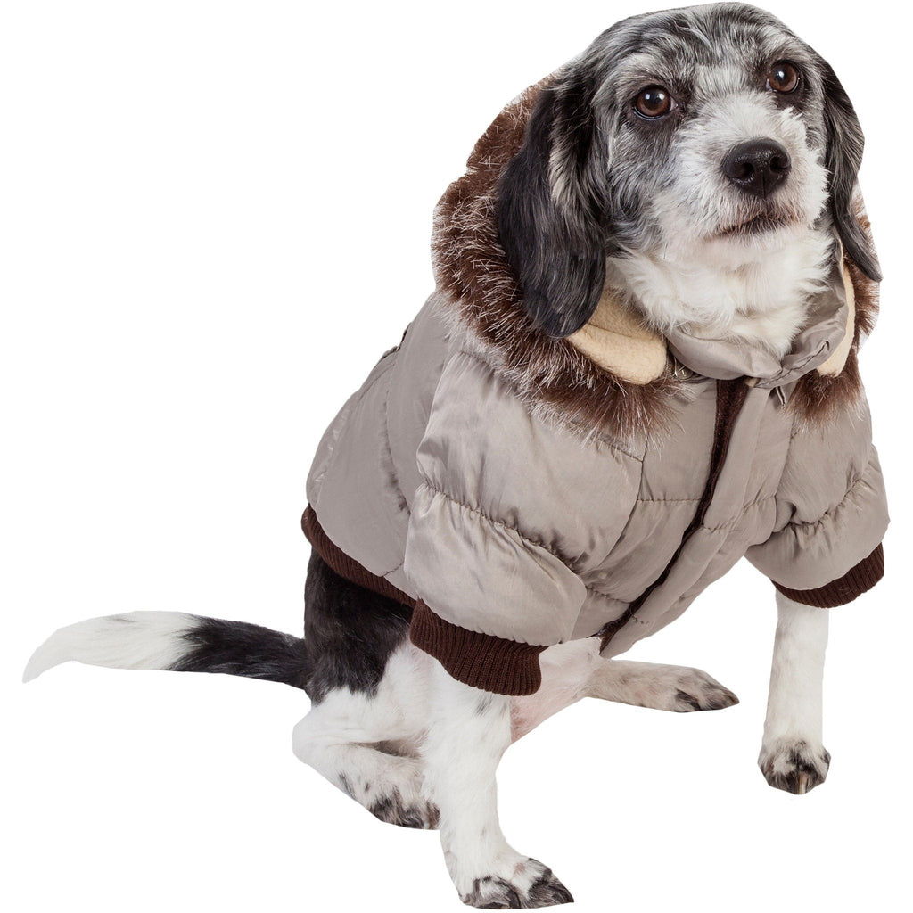 Taupe insulated dog coat parka with removable hood and faux-fur trim, side view