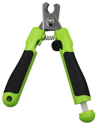 Green and black 2-in-1 pet nail clipper with concealed file, spring latch handles