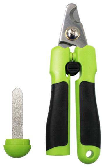 Pet nail clipper with built-in file, green handle and black grip pads
