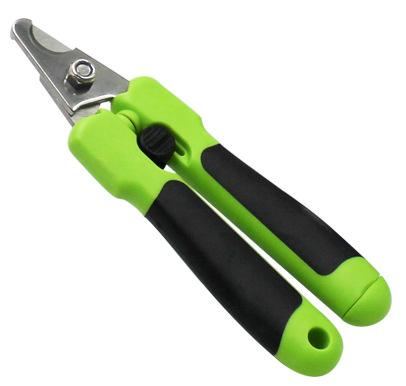 Angled view of green-and-black pet nail clipper with integrated filing tool