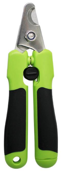 Front view pet nail clipper with concealed file and green/black non-slip handles