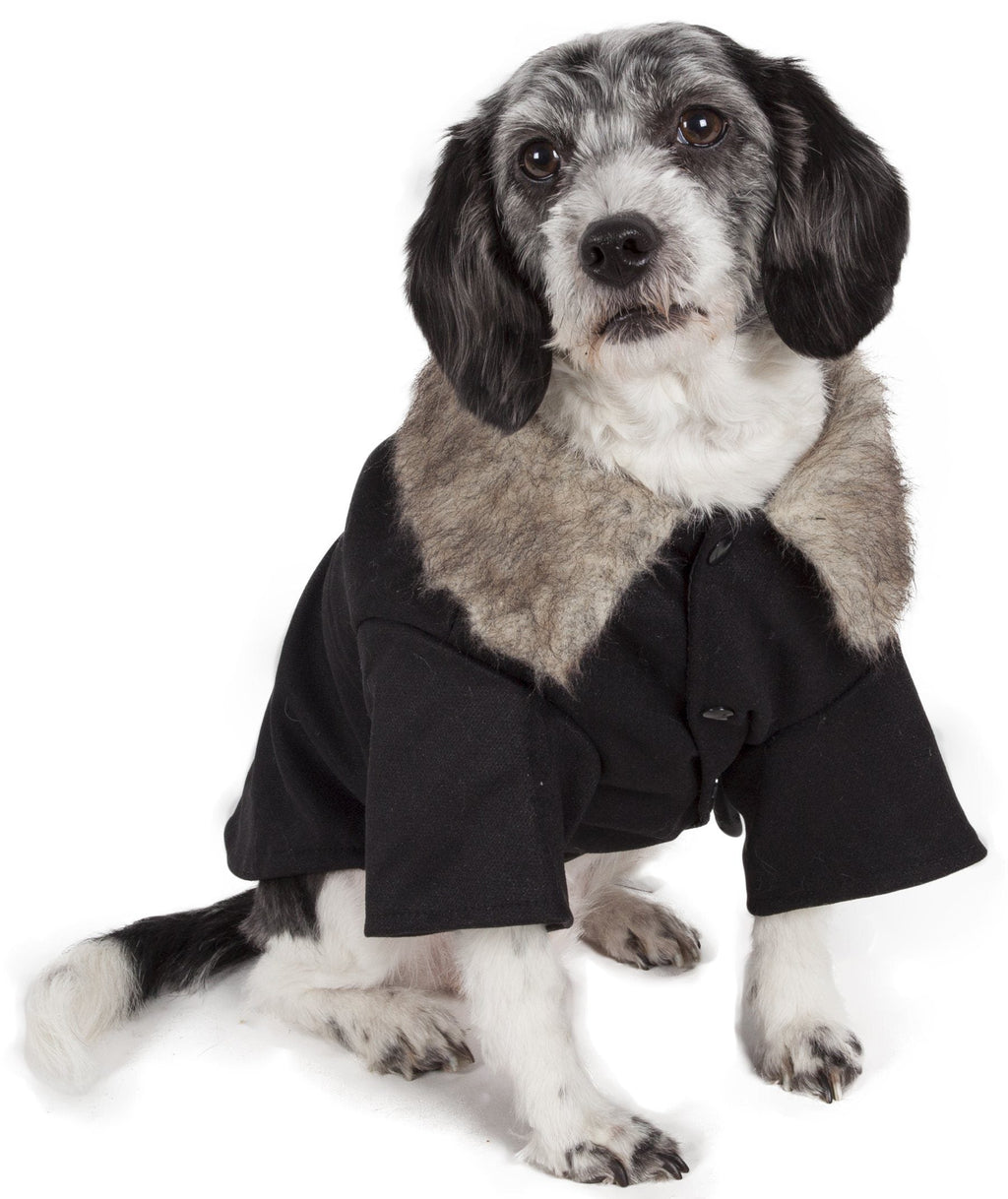 Black and taupe faux-fur collared dog coat, buttoned front with wide lapels