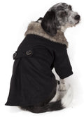 Black dog coat with faux-fur collar, button front, and tan side panel detail