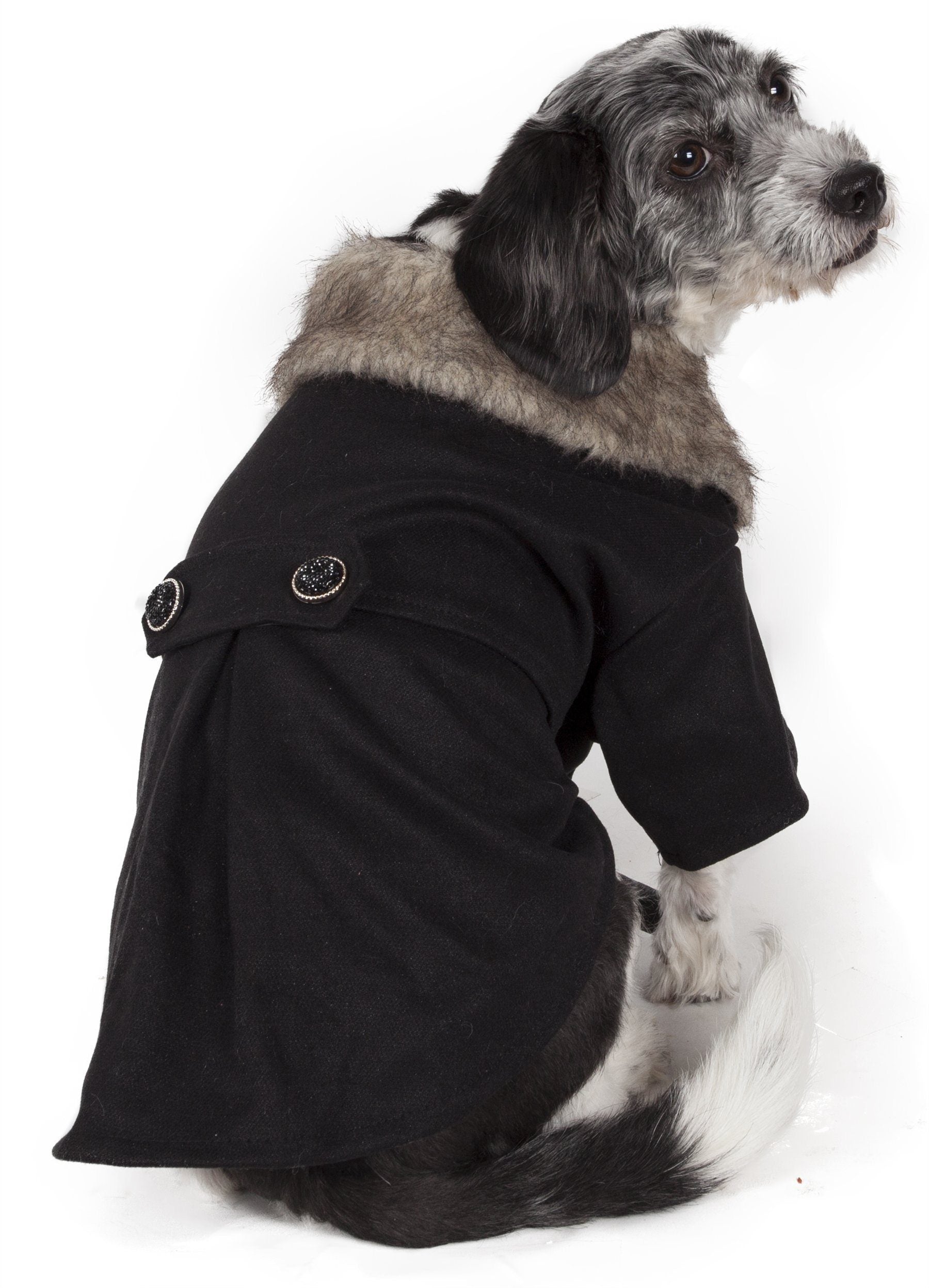 Black dog coat with faux-fur collar, button front, and tan side panel detail