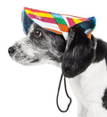 Adjustable dog hat in multicolor striped fabric, with chin strap and brim shade