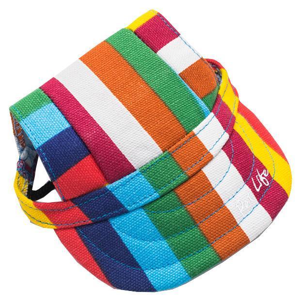 Close-up of multicolor striped dog hat fabric with side strap and stitched brim