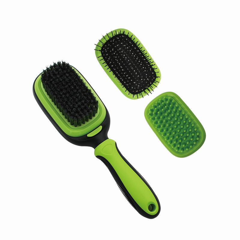 Green pet grooming brush with soft bristles and raised massage nubs pads