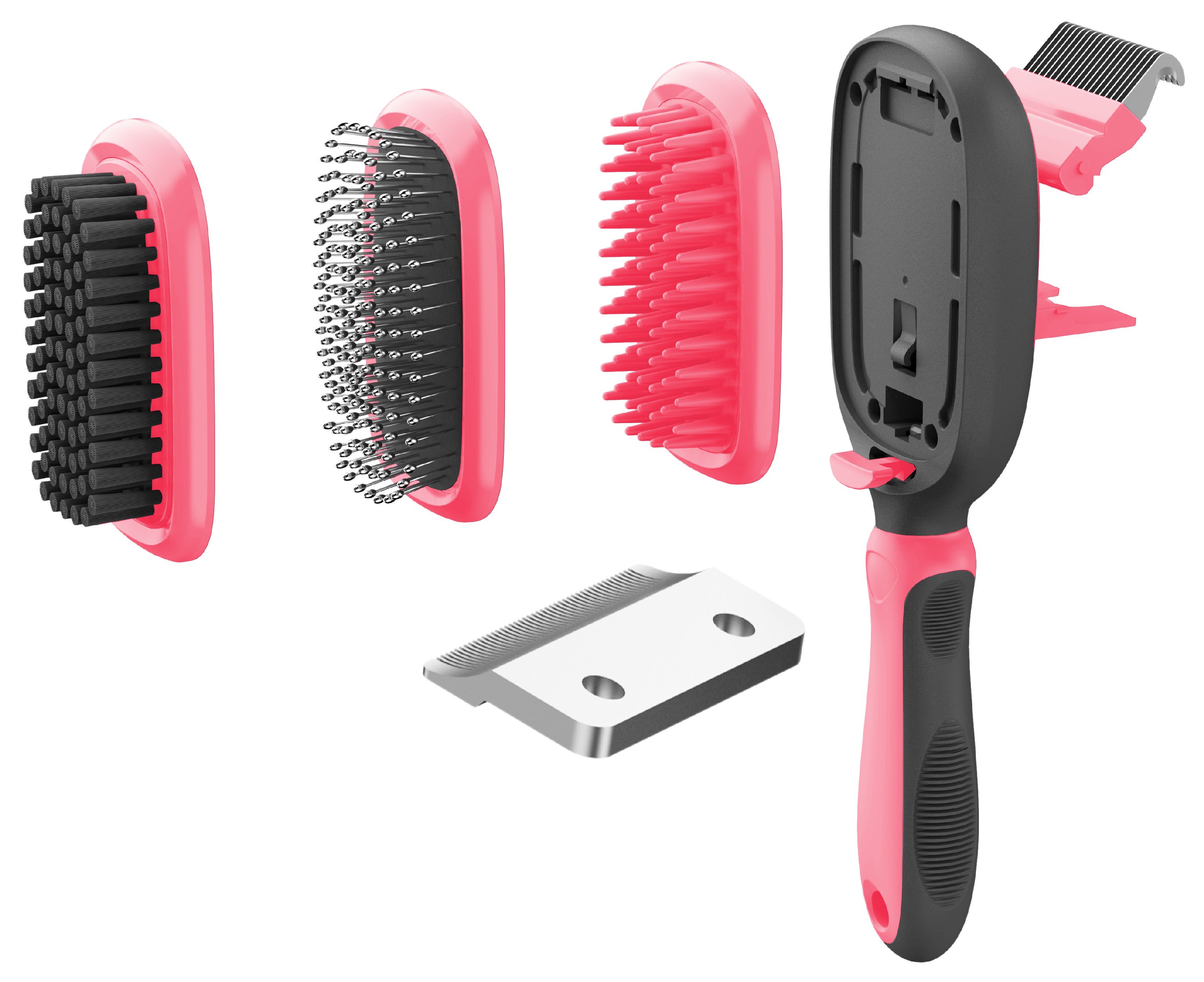 5-in-1 interchangeable pet grooming comb with pink bristle and pin heads, black handle