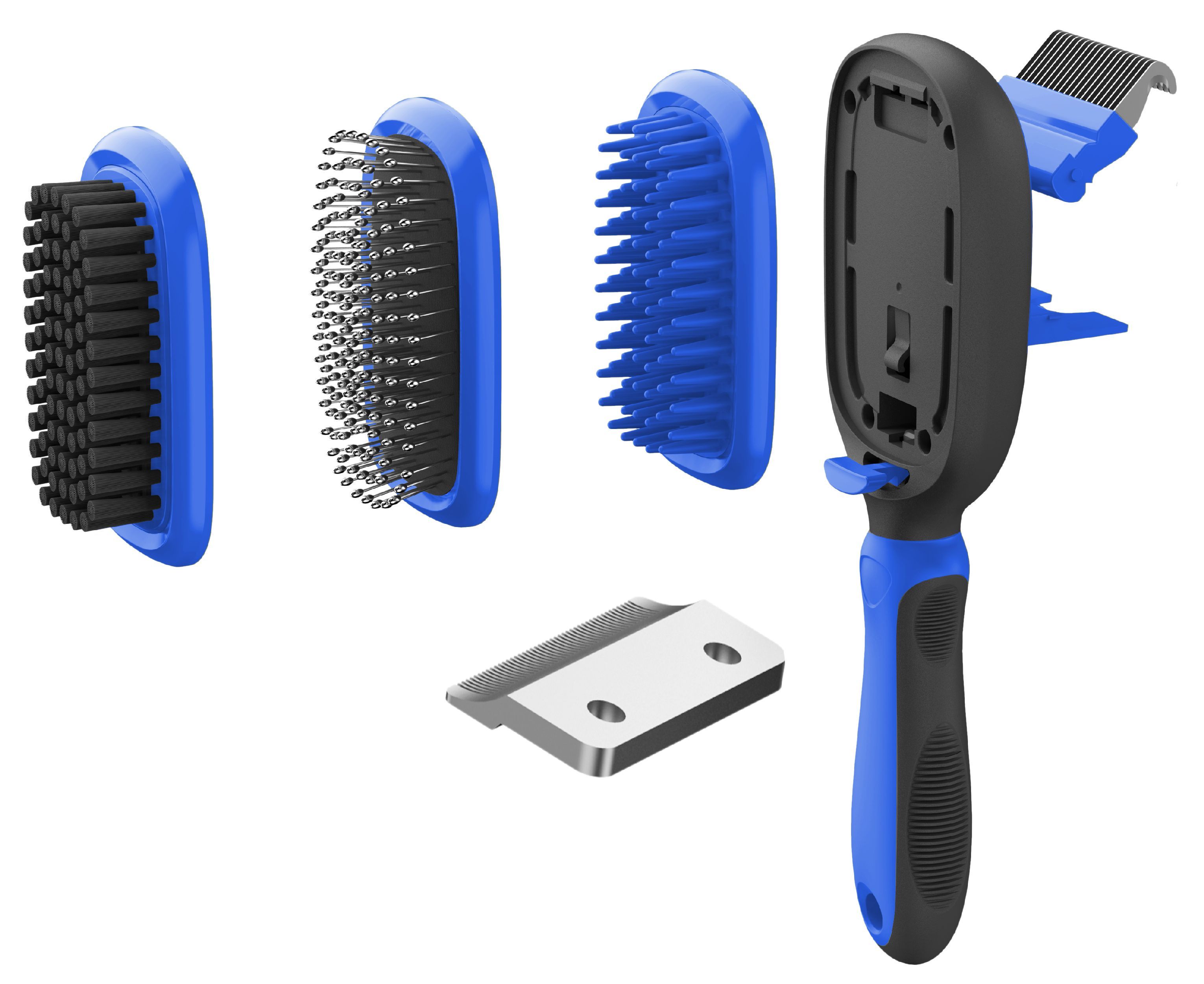 Blue 5-in-1 interchangeable pet grooming brush with pin, bristle, and rake heads