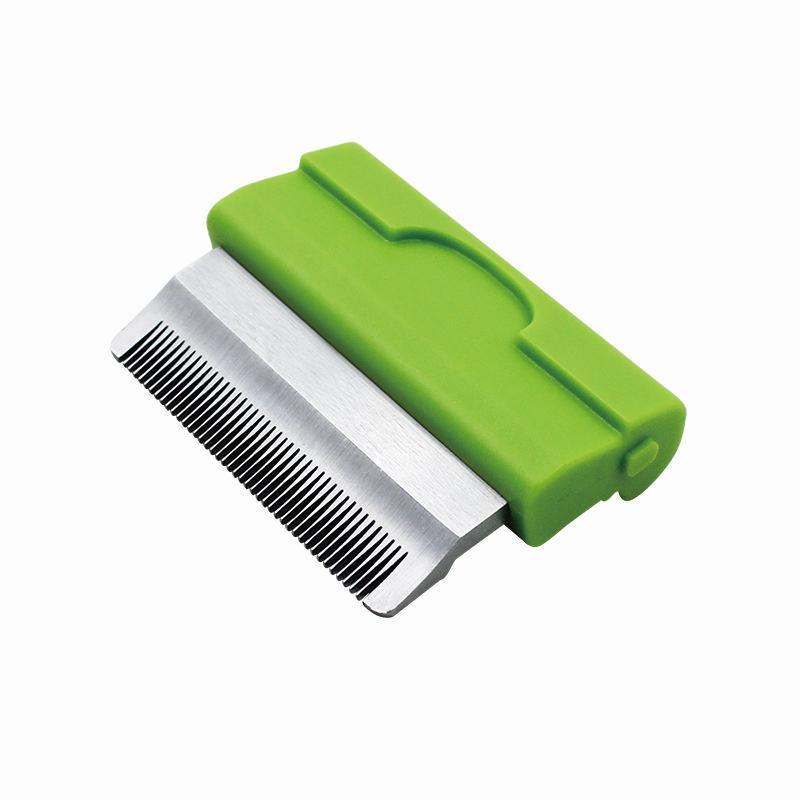 Silver metal rake grooming attachment with green clip-on holder