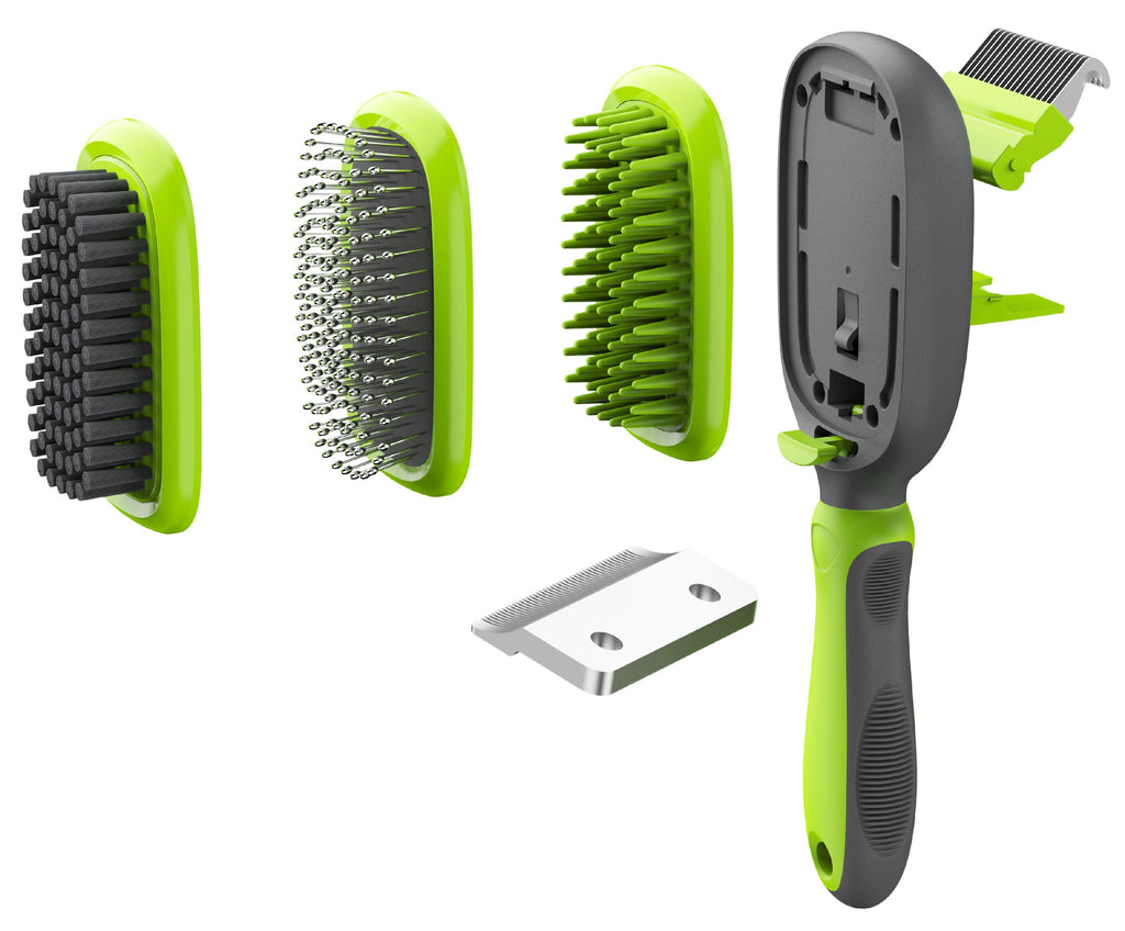 Green 5-in-1 interchangeable pet grooming brush with pin, bristle, and rake heads