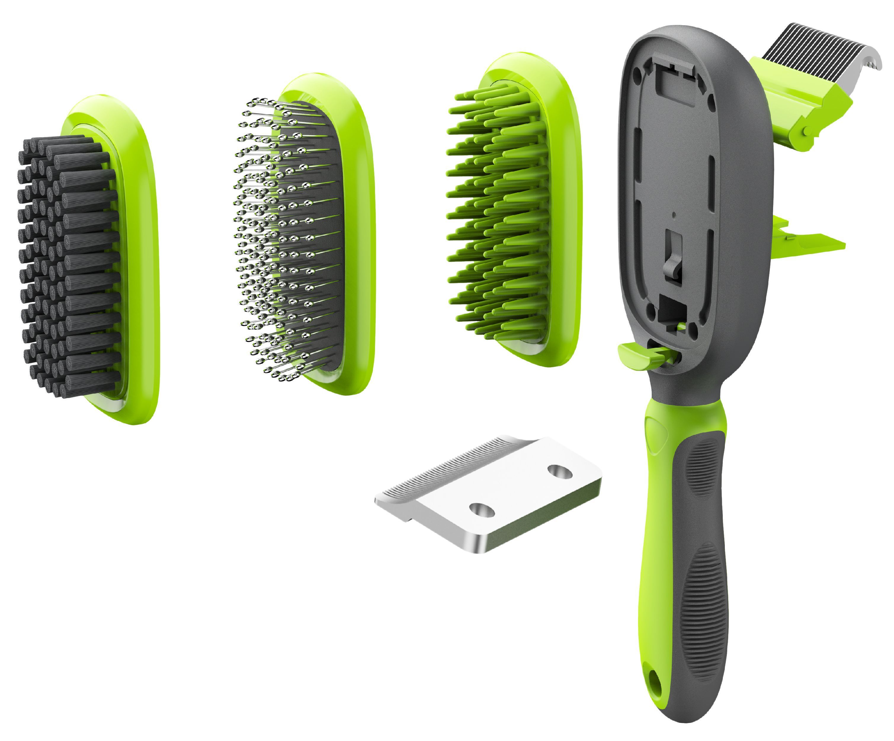 Green 5-in-1 interchangeable pet grooming brush with pin, bristle, and rake heads