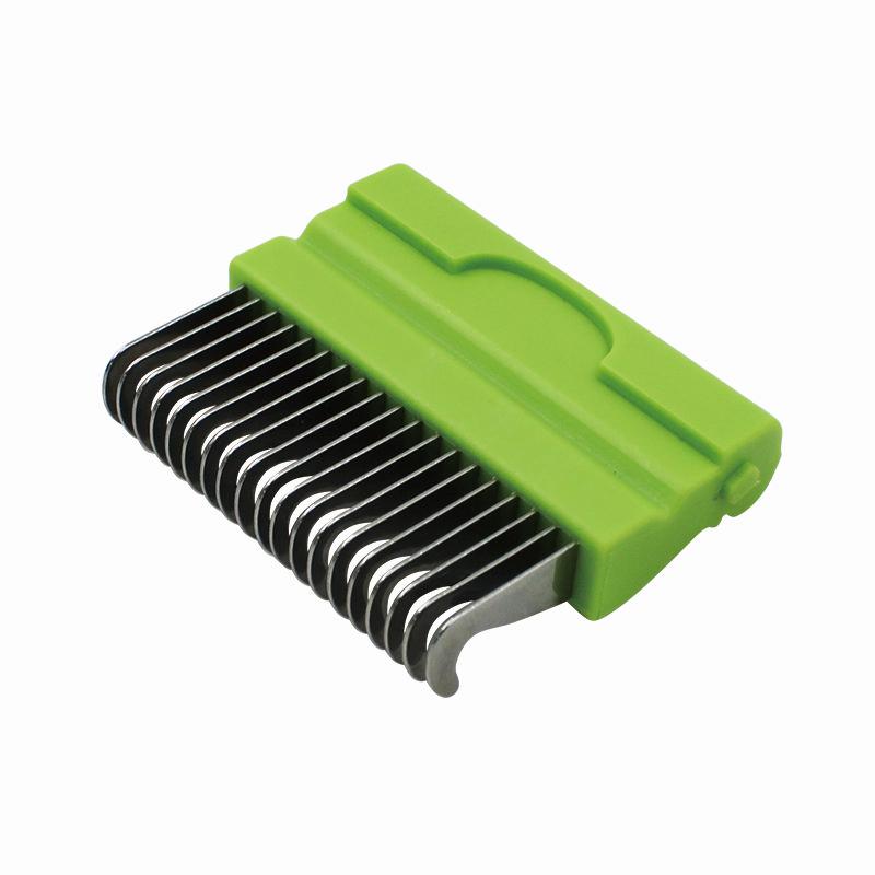 Green metal pin deshedding comb attachment with snap-on gray support