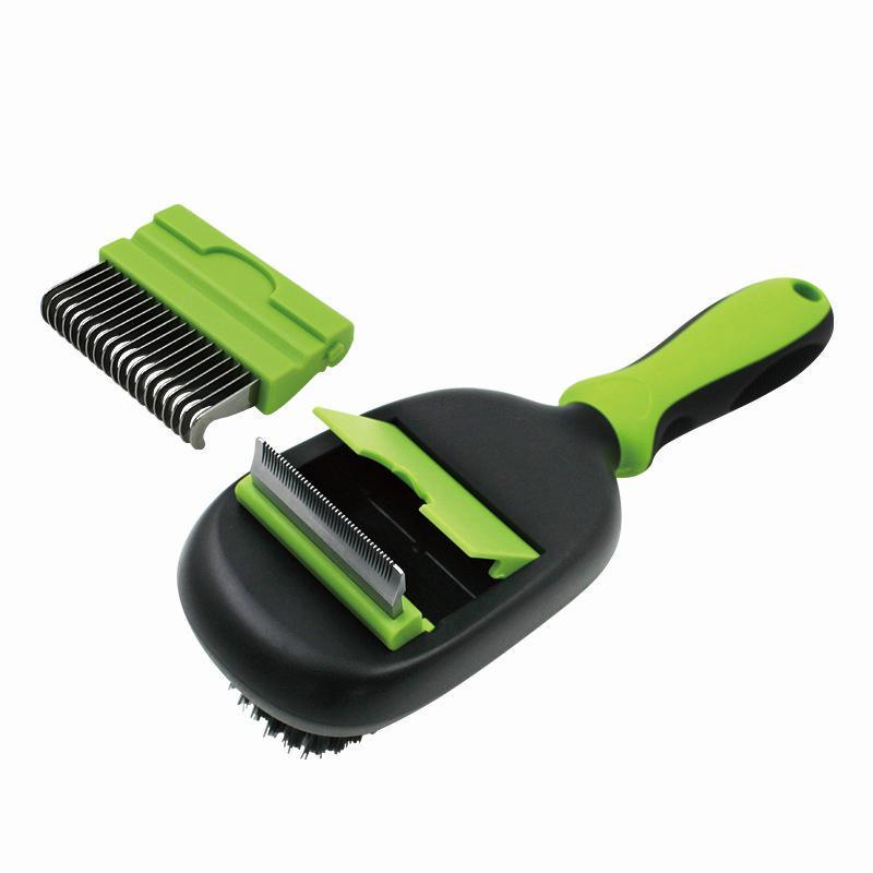 Green pet grooming brush with metal pin rake attachment and soft bristle base