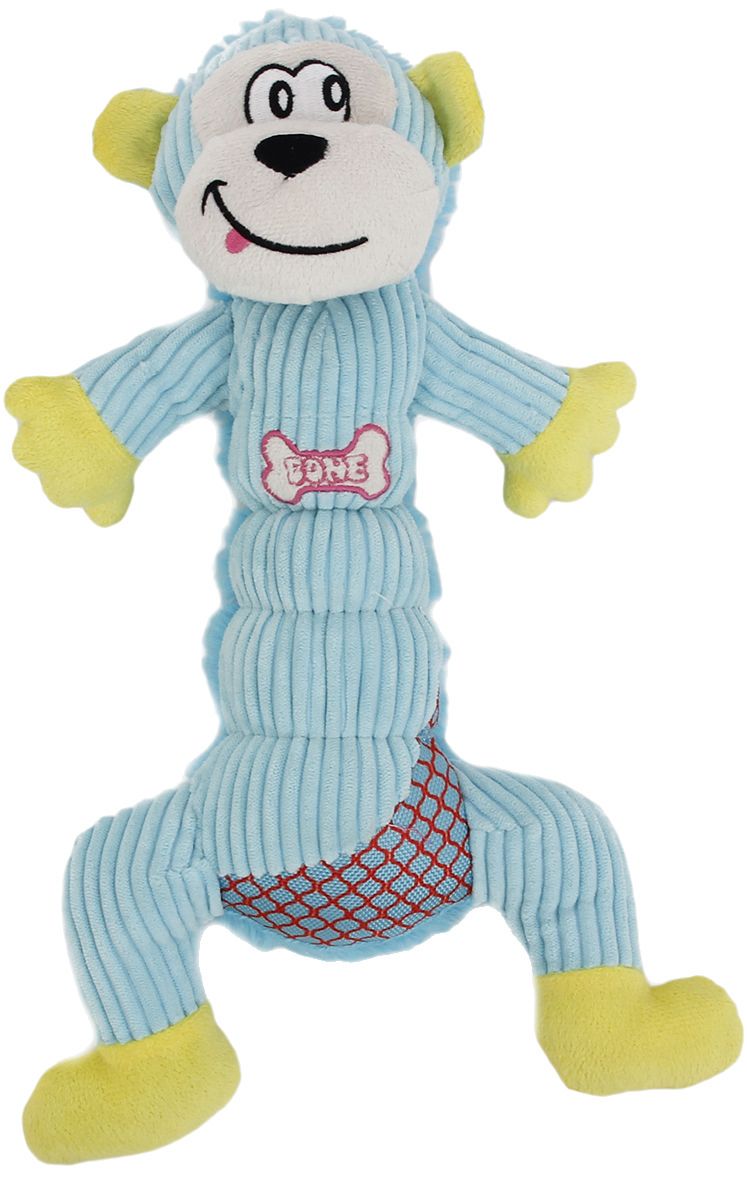 Light blue plush squeaking dog toy with ribbed body, mesh belly, and yellow ears