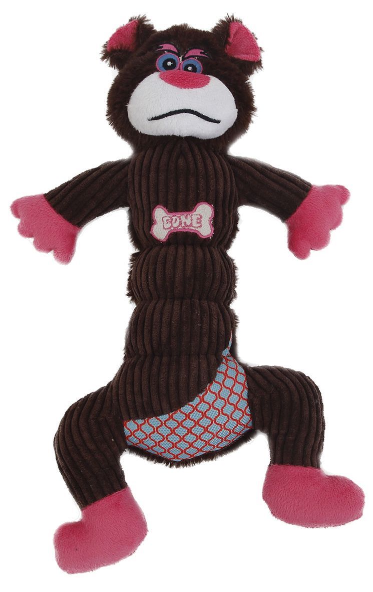 Dark brown and pink plush squeaking dog toy with ribbed body and mesh belly