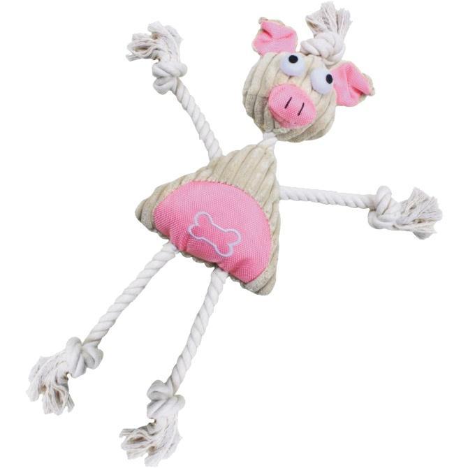 Natural jute dog squeak toy doll with rope legs and pink bone-shaped plush