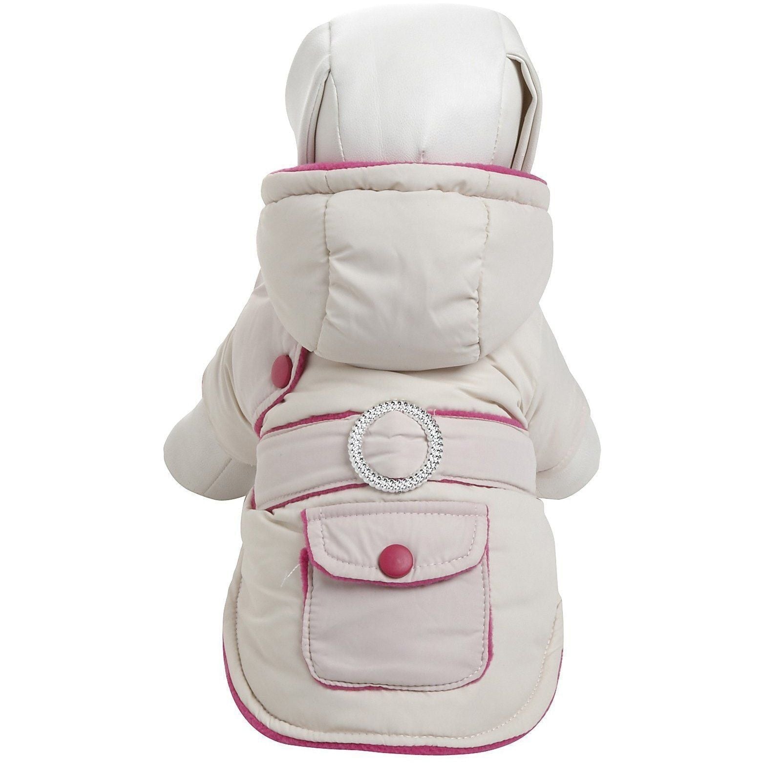 Back of cream dog puffer jacket with pink trim and rhinestone ring detail