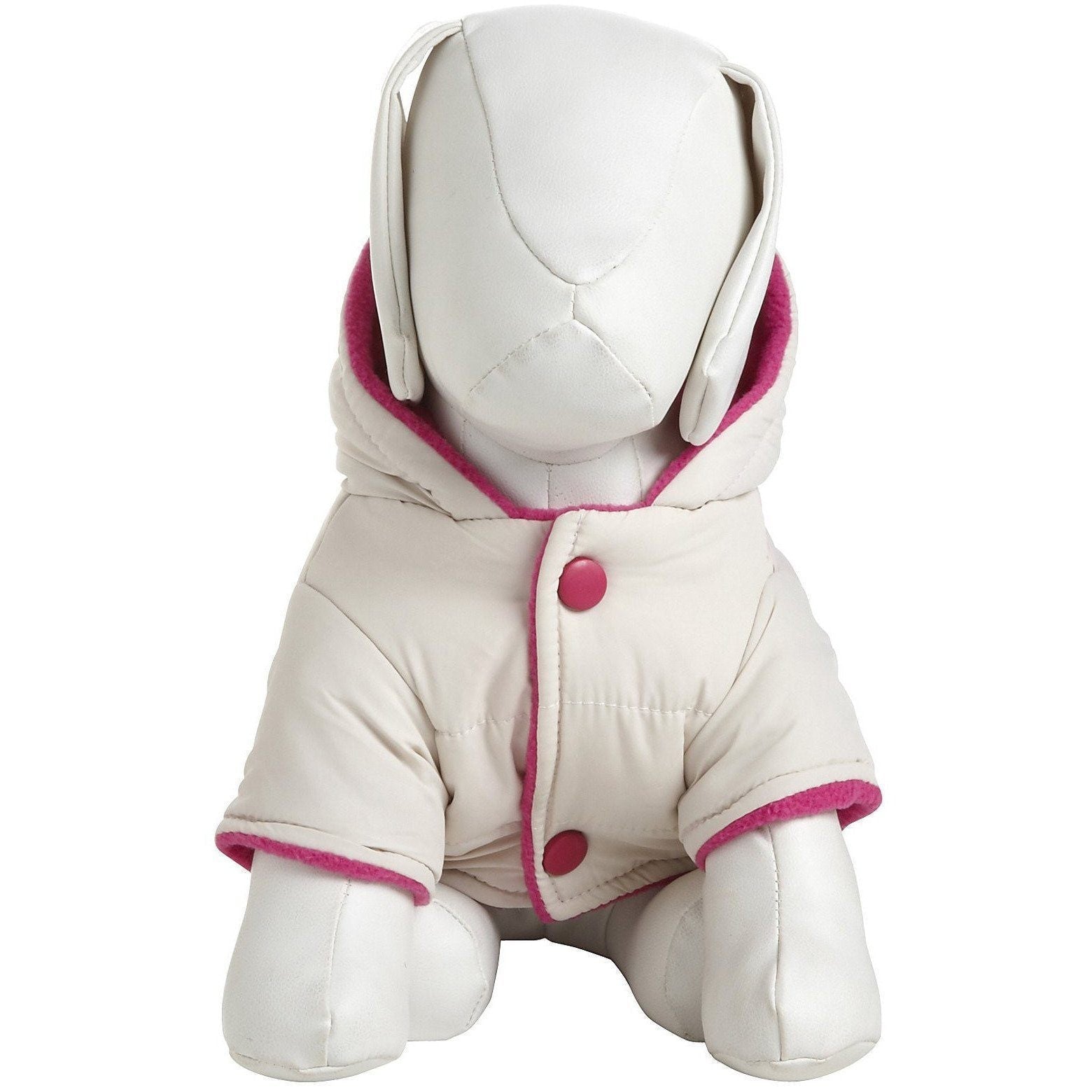 Cream insulated dog jacket with pink hood lining, button-front and quilted panels