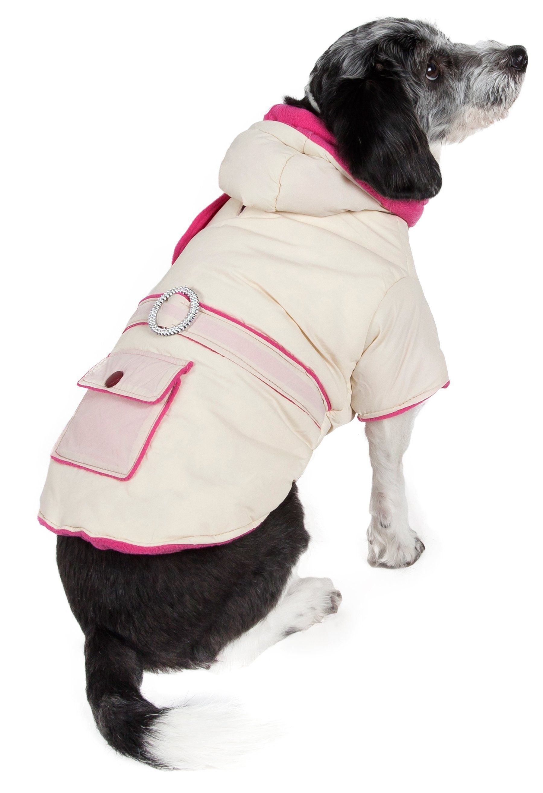 Cream dog puffer jacket with pink hood, back pocket, and jeweled ring detail