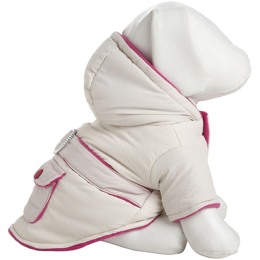 Cream insulated dog puffer jacket with pink piping and hood, side view