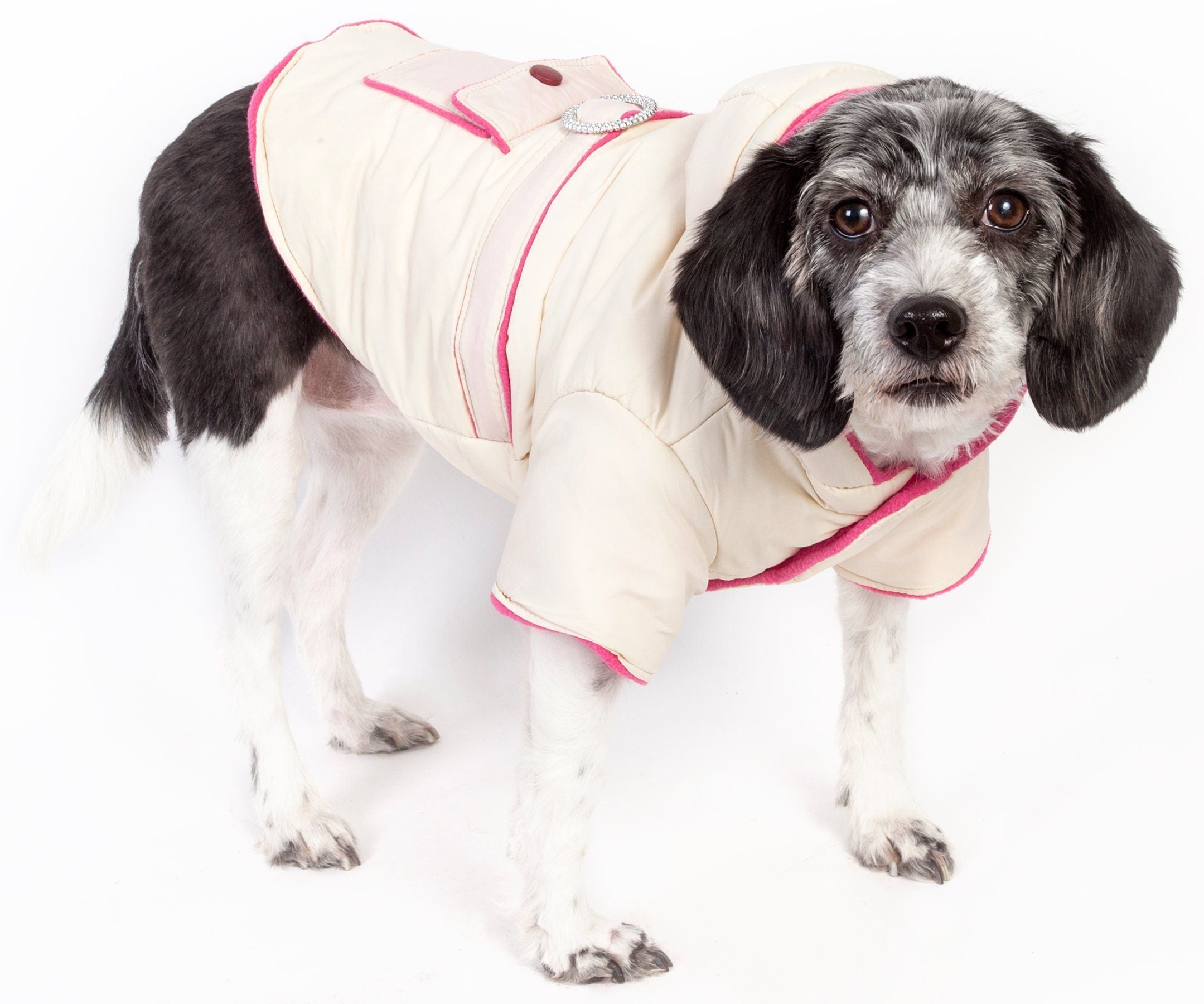 Cream dog puffer jacket with pink trim, hood, and diamond-style embellishment