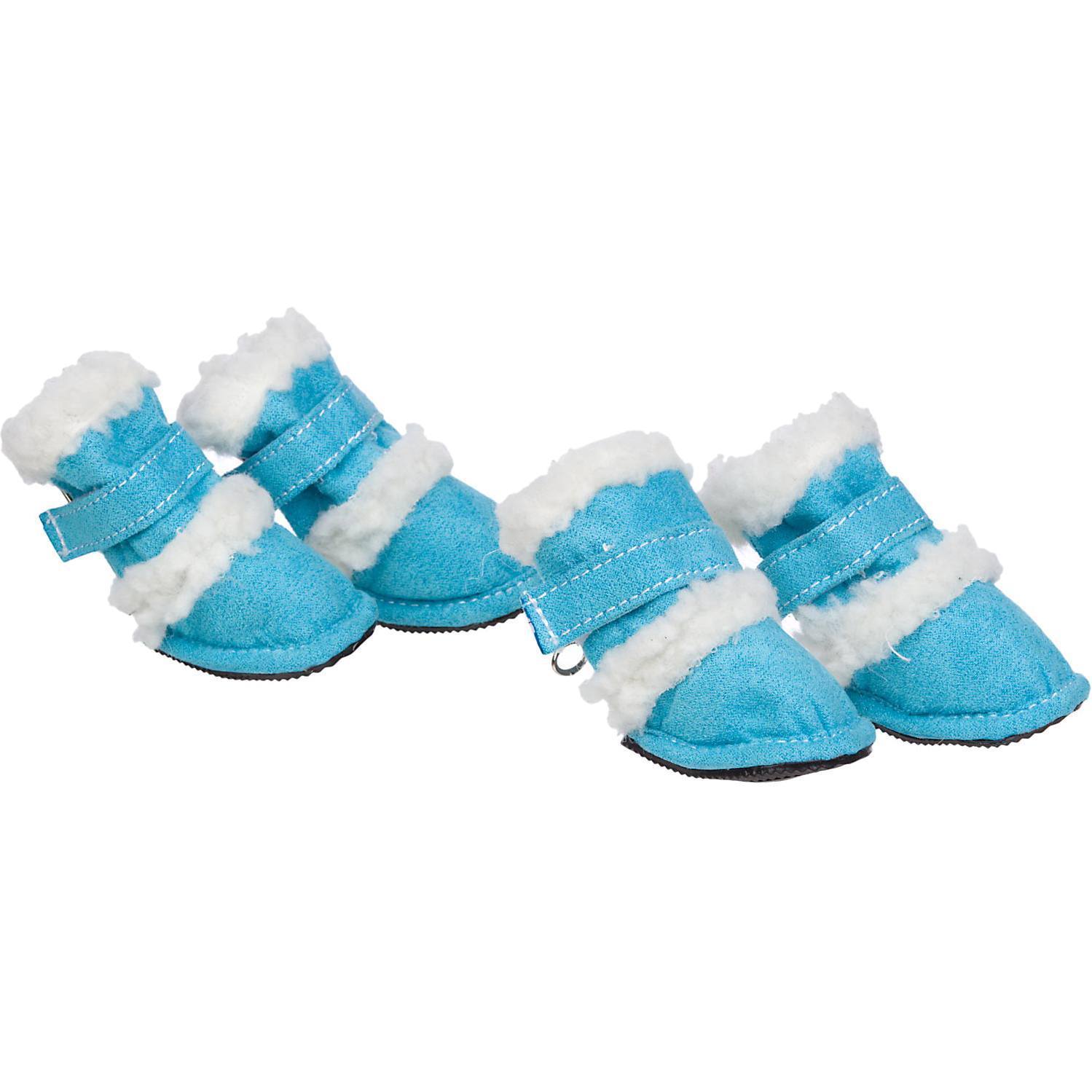 Blue dog booties set of 4 with white faux-fur trim and adjustable strap