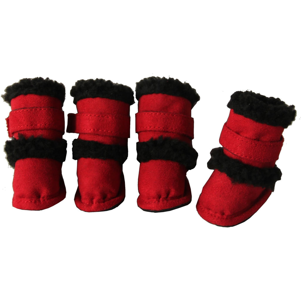 Red dog booties set of 4 with black faux-fur trim and adjustable strap