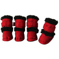 Red dog booties set of 4 with black faux-fur trim and adjustable strap