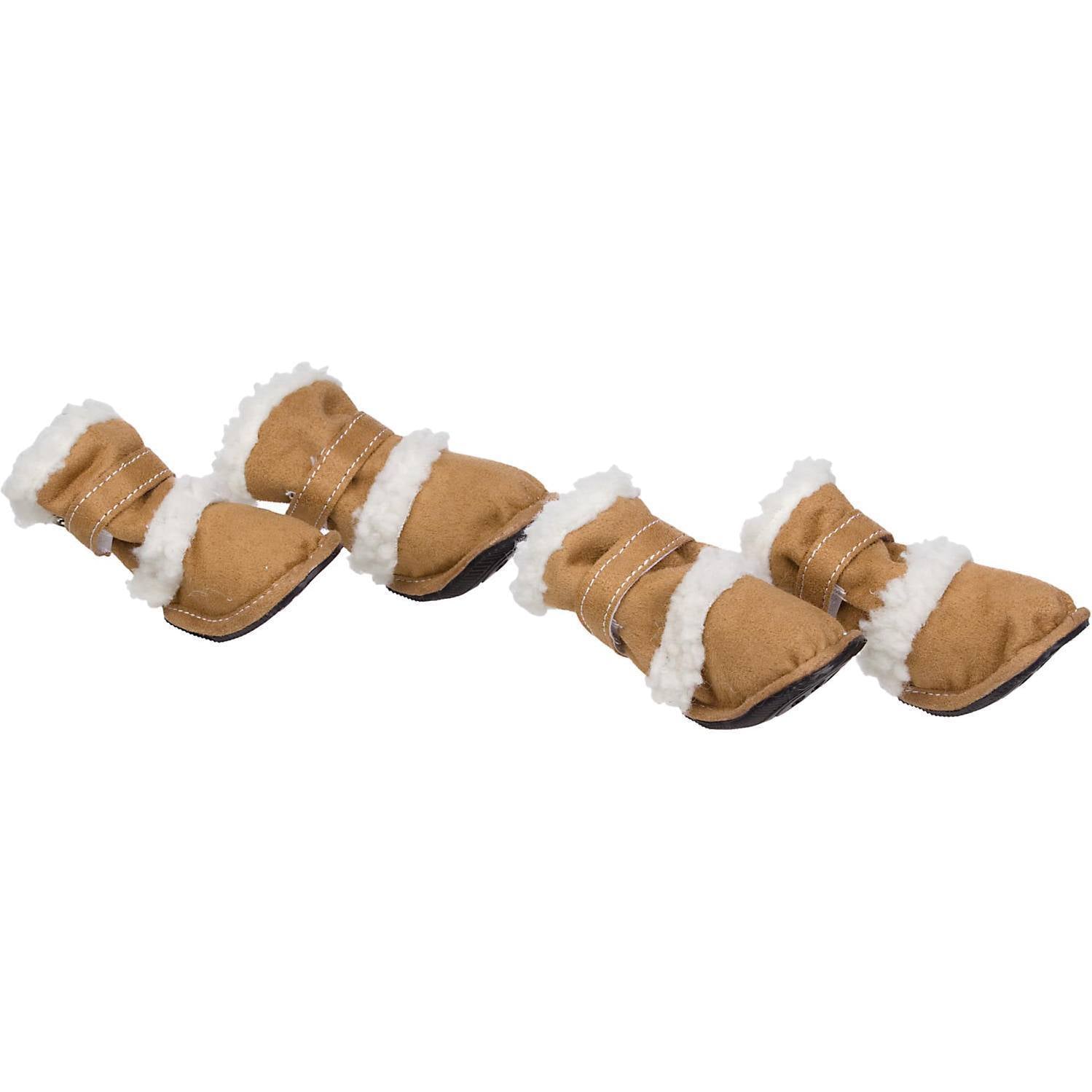 Brown dog booties set of 4 with white faux-fur trim and adjustable strap