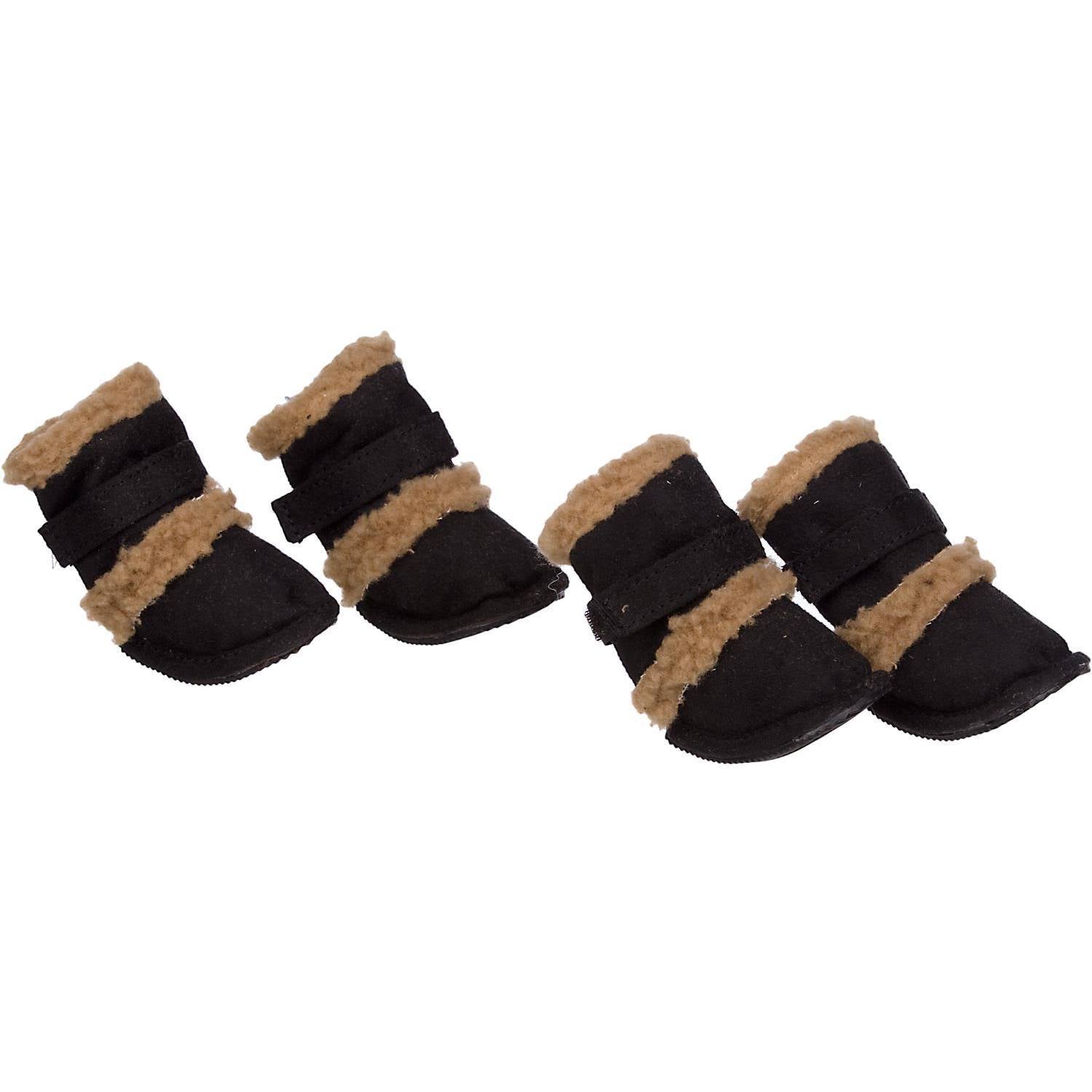Black dog booties set of 4 with tan faux-fur trim and hook-and-loop strap