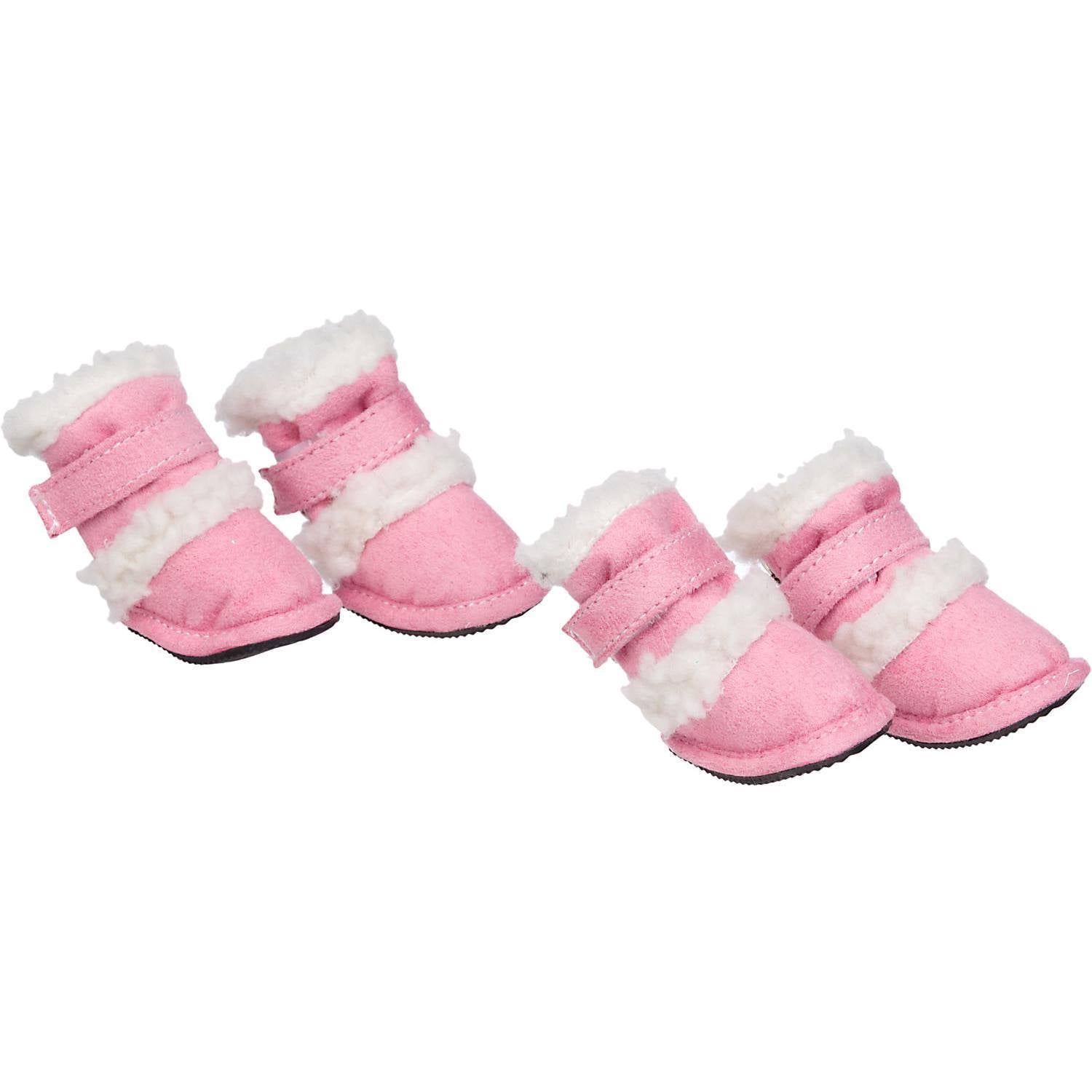 Pink dog booties set of 4 with white faux-fur trim and adjustable strap