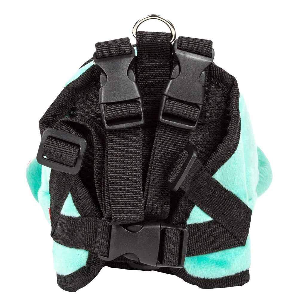 Back harness view with black padded straps and buckles on mint plush backpack
