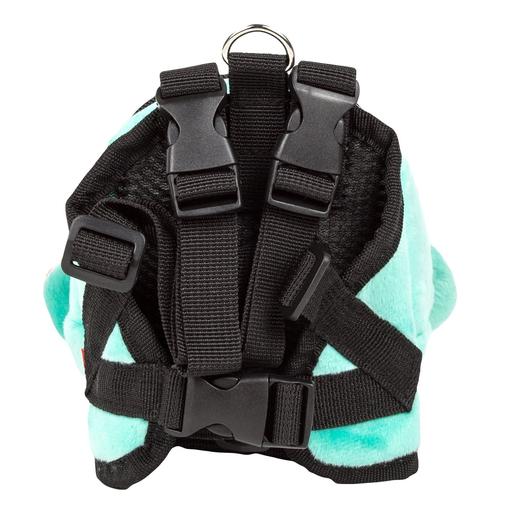 Back harness view with black padded straps and buckles on mint plush backpack